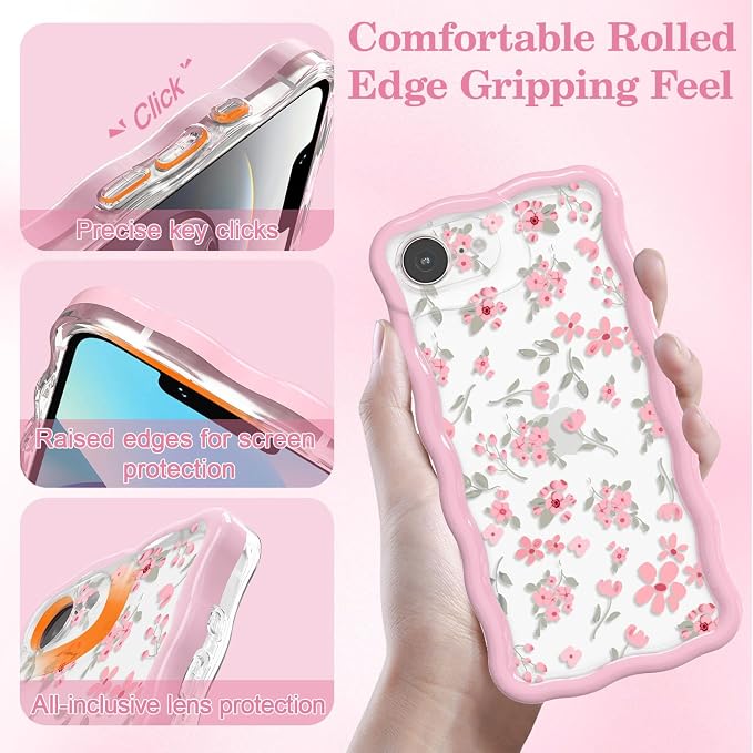 QLTYPRI for iPhone 17e/16e Pink Flower Case, Clear Cute Pink Floral Flower Phone Case Curly Wavy Aesthetic Phone Cover, Soft Slim Transparent TPU Shockproof Protective Cover for Women Girls - Pink - Image 3