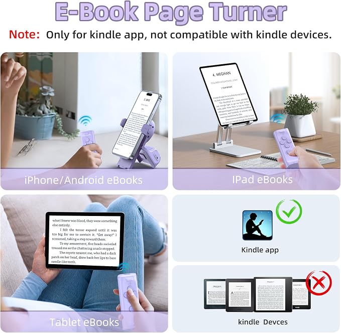 MILOUZ Remote Control Scrolling for Tiktok with Phone Stand,Page Turner for Kindle App E-Book,Bluetooth Camera Shutter Remote for iPhone, Android,iOS,iPad,Tablet (Purple) - Image 3
