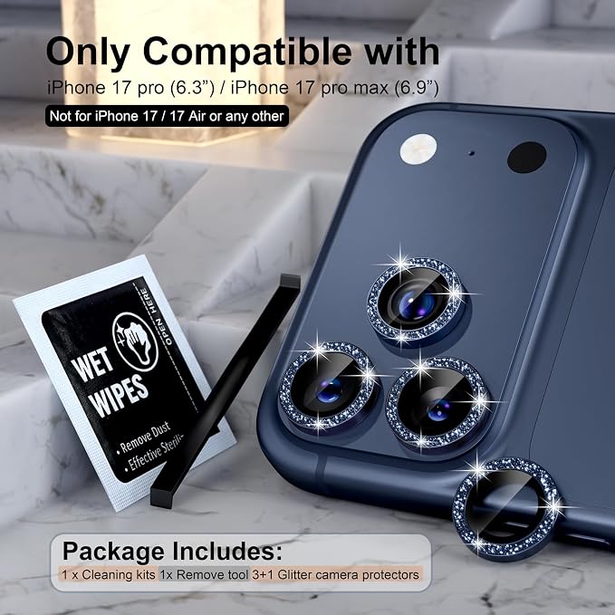 Choiche for iPhone 17 Pro/iPhone 17 Pro Max Camera Lens Protector | Ultra HD, Bling 9H Tempered Glass Camera Cover Screen Protector Metal Ring Decoration Accessories (Glitter-Blue) - Image 2
