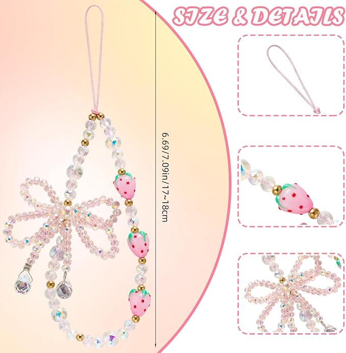 BEEFLYING Bow Beaded Phone Charm Wrist Strap for Case, Pink | Y2K Cell Phone Chain with Bowknot Strawberry, for Bag Keychain Camera Wallet - Image 2
