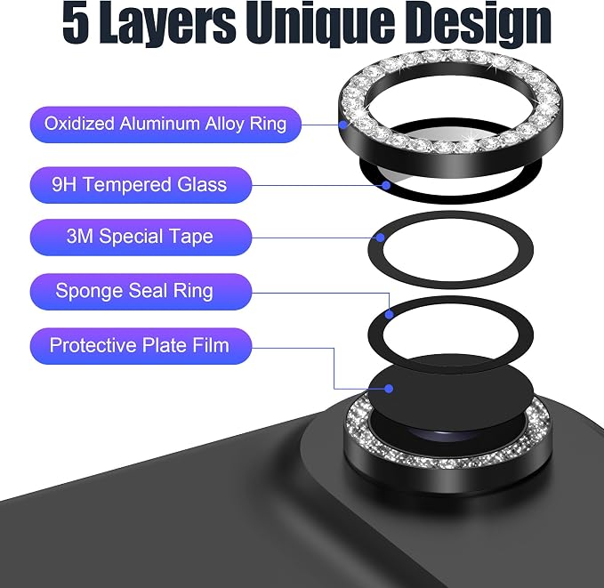 AGVEE 3+3 6 Pack for iPhone Air Camera Lens Protector Cover | Individual Bling Diamond & Bling Glitter Sparkle Cute Gem Metal Ring, 9H Tempered HD Glass - Image 7