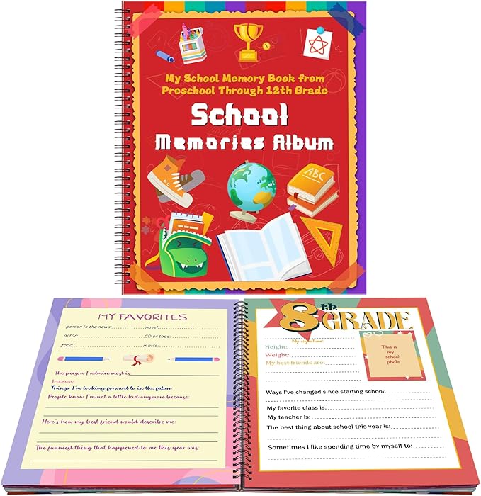 Motipuns School Memory Book Photo Album for Kids, Stripes | School Years Keepsake Book Album Scrapbook from Preschool Through 12th Grade with 14 Pocket for Storage Portfolio Pictures by Motipuns