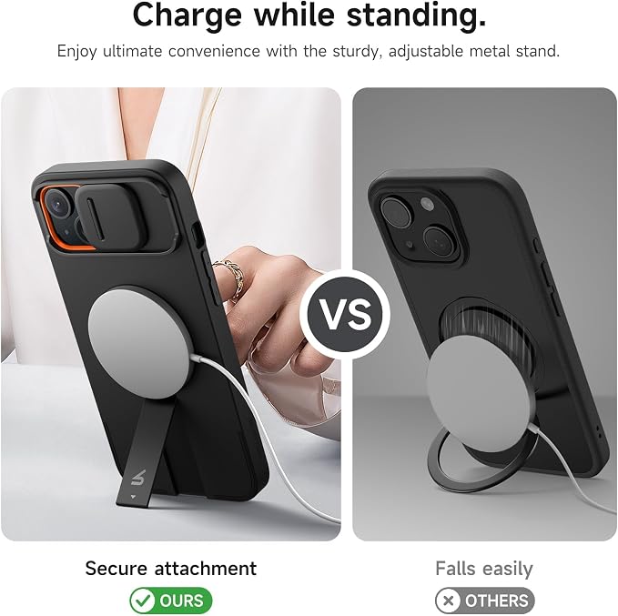 SURITCH for iPhone 14 Plus/15 Plus Case with Magnetic Camera Slide Cover and Adjustable Kickstand, Compatible with MagSafe, Shockproof Bumper Case Slim Protective Cover 6.7 Inch, Black - Image 5