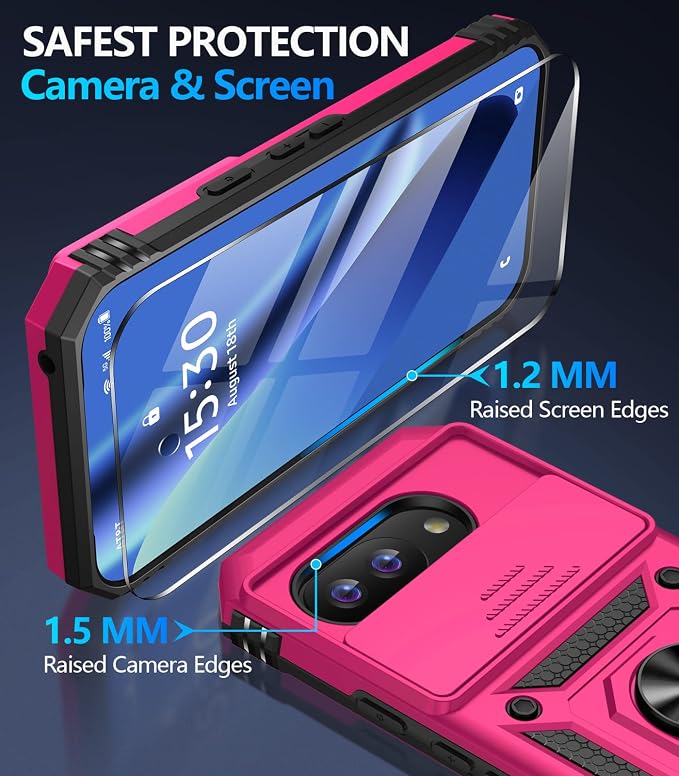Taisairu for Google Pixel 10A Case with Screen Protector & Slide Camera Lens Cover,Built-in 360°Rotate Magnetic Ring Stand Shockproof Protective Phone Case for Google Pixel 10A Case (Hot Pink) - Image 8