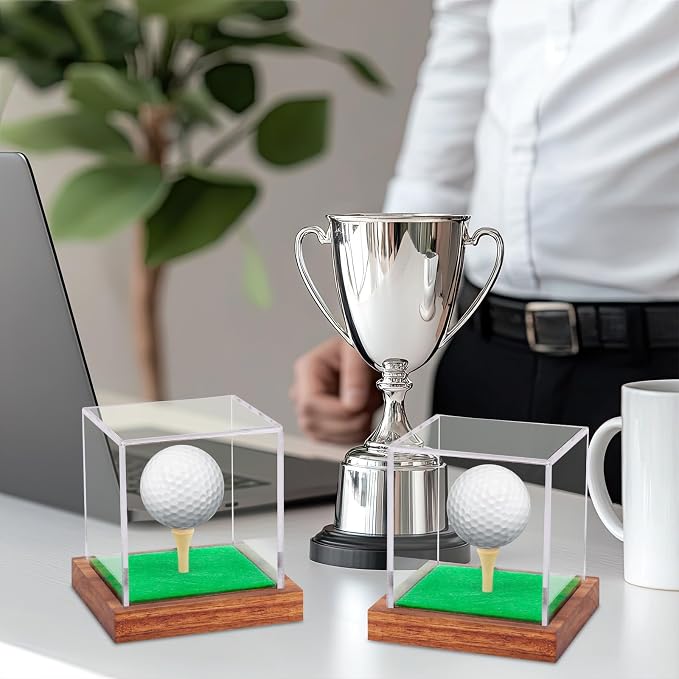 2 Pack Clear Acrylic Golf Ball Display Case with Wood Base & Tee, Memorabilia Stand Cube Holder, Dust Protection Transparent Storage Box for Single Ball Souvenir Golfball Collections - Image 5