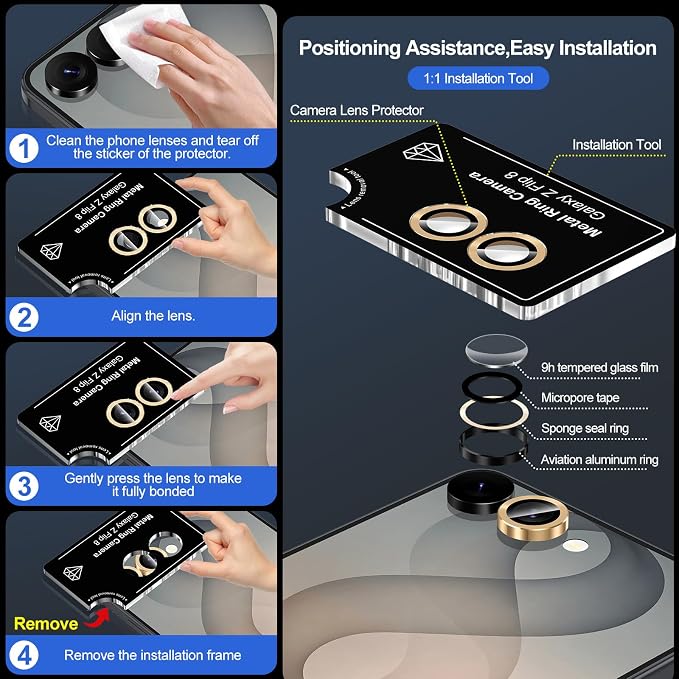 for Samsung Galaxy Z Flip 8 Camera Lens Protector, Individual Metal Ring Tempered Glass Lens Cover, [Strong Adsorption] Scratch Resistant Ultra-Thin HD Clear Lens Cover, 1 Set-Gold - Image 7