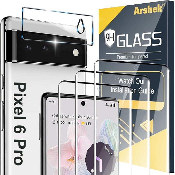 [3+1 Pack] for Google Pixel 6 Pro Screen Protector, 9H Tempered Glass, Ultrasonic Fingerprint Compatible, 3D Curved, HD Clear Scratch Resistant for Google Pixel 6 Pro 5G Glass Screen Protector by Arshek