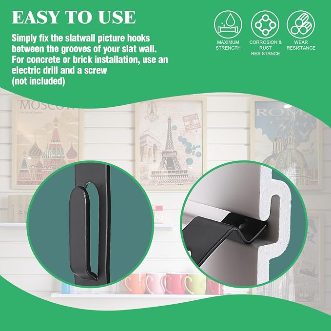 60Pcs Slatwall Utility Notch Hook Metal Slat Wall Display Hangers Picture Hook Slatwall Accessories for Photo Frame Painting Artworks Panel Pegboard Slat Grid Shelf Hanging Display (Black) - Image 4