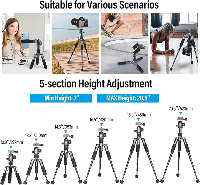 SIRUI AM-TT50 Aluminum Mini Tabletop Tripod, 360° Ball Head, 20" | 17.6LB Load, Phone Holder Included, DSLR, Mirrorless Camera, Smartphone, Portable, Desktop, Travel, Vlogging - Image 5