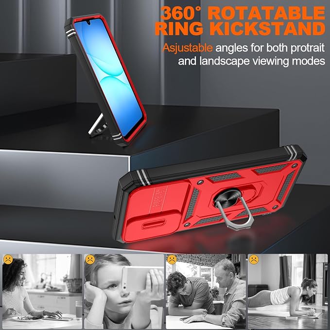 Gritup for Samsung Galaxy A17/A16-5G Phone Case with Camera Cover | 2*Screen Protector & 360° Rotating Ring Kickstand, Military Grade Protective Cover para Galaxy A 17, Red+Black - Image 7