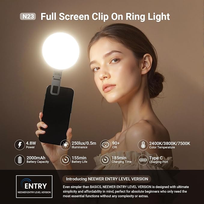 NEEWER Entry Level Version LED Selfie Ring Light, 4.8W Bi Color Edge Lit Clip Phone Fill Lighting with 2000mAh Battery, CRI90+ for Camera Laptop Computer Webcam Video Conference Makeup Recording, N23 - Image 3