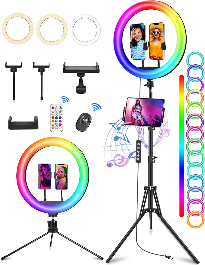 13.3"Ring Light with Music Mode, 75"Tripod and Desk Stand, 2 Phone Holders | Ring Light with Stand/Wireless Remote/3 CCT Mode & 96 RGB Color Modes for TikTok/ iPhone/LiveStream/Makeup/YouTube by STALLY