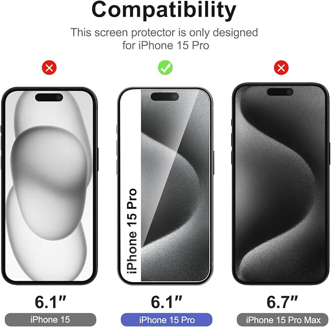 NEW'C 3x for iPhone 15 Pro Screen Protector (6.1 inches)+ 3x Camera Lens Protector, Sensor Protection, Case Friendly Tempered Glass Film + Dust Plug- Easy installation tool include - Image 2