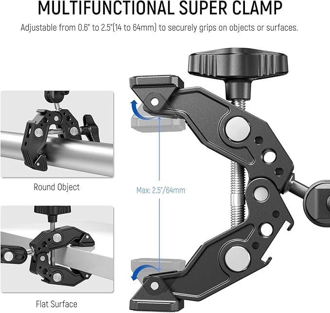 NEEWER Super Clamp with 3" Dual Ballhead Magic Arm, Cold Shoe, 1/4" Threads, Phone/Action Camera Mount Adapter for Desk Tripod Tube Crossbar Gimbal Rods Compatible with SmallRig GoPro DJI, ST83 - Image 3