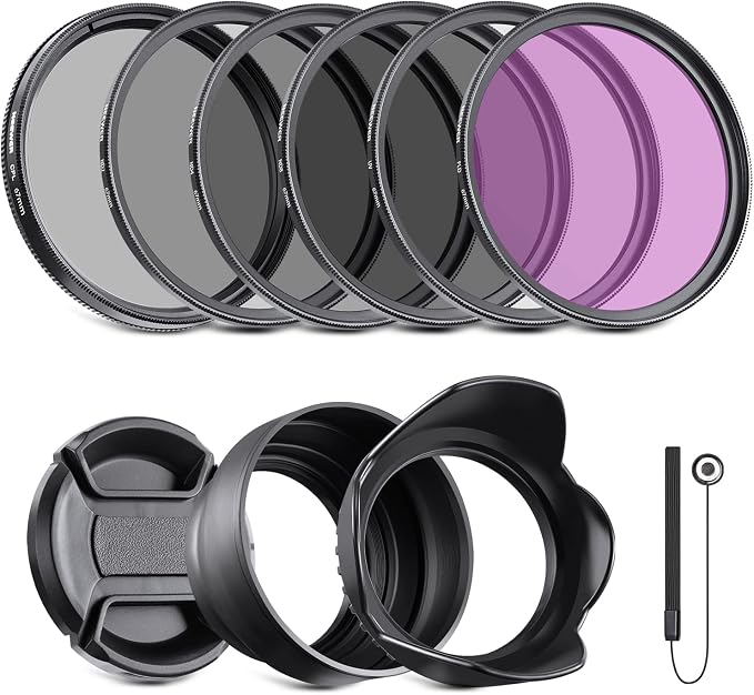 NEEWER 67mm ND Filter Kit and Lens Accessories, ND2 ND4 ND8 UV FLD CPL(Circular Polarizing) Filter Set with Lens Cap/Tulip Shaped Lens Hood by Neewer