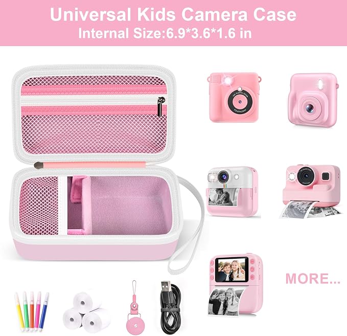 Kids Instant Print Camera Travel Case for Girl Boy with Wrist Strap | For ESOXOFFORE/ for Dylanto/ for WEEFUN/ for Anchioo/ for GKTZ/ for Amzelas/ for Mafiti, Mesh Pocket, Pink, Case Only - Image 2