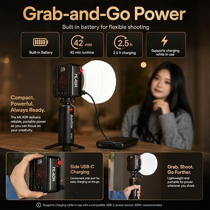 Godox ML40R RGB LED Video Light, Portable COB Photography Light with Built-in Battery, 1800K-10000K Full Color, 14 FX Effects, App Control, Magnetic Mount, ML-L10 Reflector for Vlog Live Streaming - Image 6