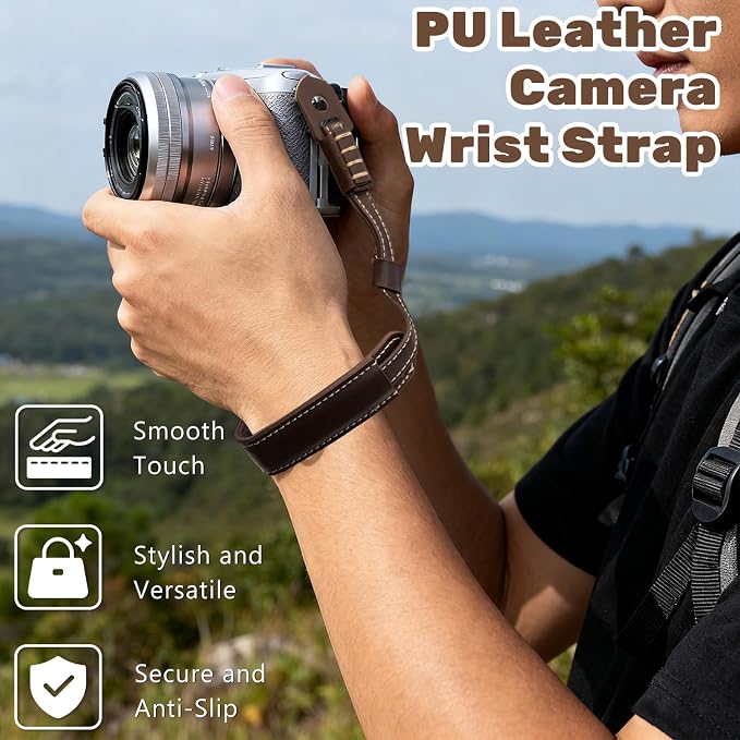 Vintage Brown Leather Camera Wrist Strap – Adjustable Safety Hand Strap for DSLR, SLR, and Mirrorless Cameras (Compatible with Fujifilm X Series and Compact Models) - Image 2
