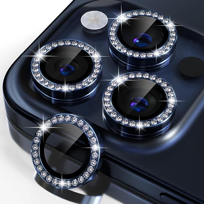 Misea Compatible for iPhone 15 Pro/iPhone 15 Pro Max Camera Lens Protector | 9H Tempered Glass Ultra HD Bling Camera Screen Protector Cover Metal Individual Ring Accessories, Deep Blue Diamond by Misea