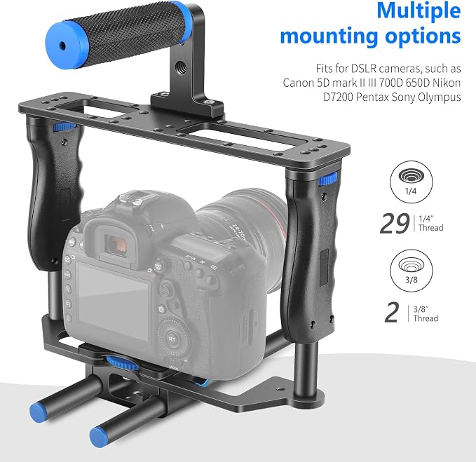 NEEWER Camera Video Cage Film Movie Making Kit, Aluminum Alloy with Top Handle, Dual Hand Grip, Two 15mm Rods, Compatible with Canon Sony Fujifilm Nikon DSLR Camera and Camcorder (Black + Blue) - Image 2