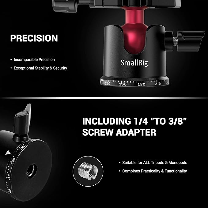 SmallRig Mini Ball Head with 360° Panoramic & Quick Release Plate - BUT2665 | with 1/4" Screw & 3/8" Thread Mount, Metal Ball Joint, Max Load 4.4lbs/2kg, Works for DSLR/for GoPro/Monopod/for Phone - Image 3