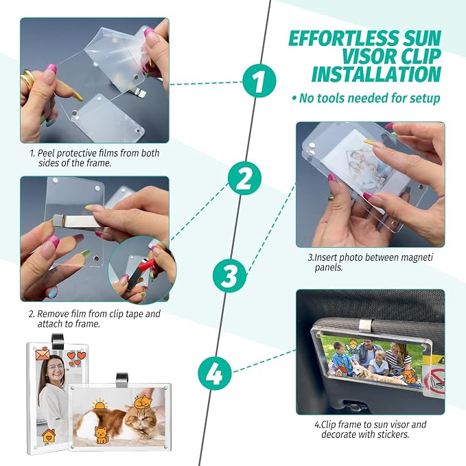 2Pcs Car Picture Holder for Sun Visor,Clear Acrylic & Strong Magnetic Car Visor Photo Clip with Safe Driving &Guardian Icons Stickers, Cute Car Accessories,Gift for Family & Friends (2.4x3.5) - Image 4