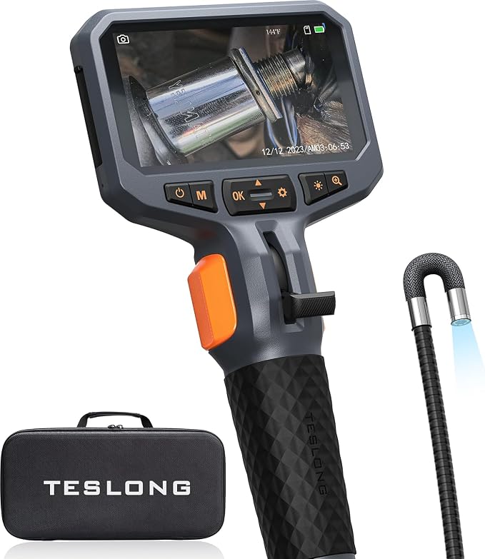 Teslong Articulating Borescope for Mechanic Automotive HVAC Wall Inspection | 2.0MP HD Endoscope, 8 LED Lights, Two-Way 210°, 4.5" IPS Screen, 32GB, IP67 Waterproof, Semi-Rigid Gooseneck, Carrying Case by Teslong