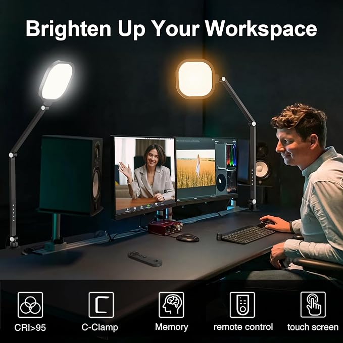 Video Conference Lighting for Computer, Dimmable Light for Video Recording, Meeting, Laptop & Webcam, 15W Ring Light for Desk with C- Clamp, Swing Arm, Remote, Memory & Timer CRI >95 - Image 4