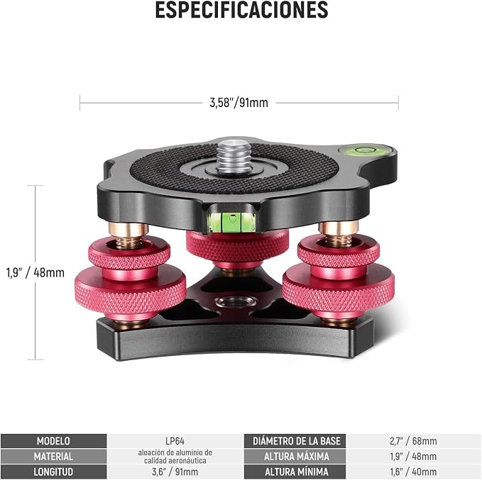 NEEWER Tripod Head Leveling Base Camera Leveler 3 Axis Tri Wheel Head, LP64 | Aircraft Grade Aluminum Alloy, 3/8" Thread, -5° Precise Angle Adjustment, for Macro Panoramic Photography - Image 7