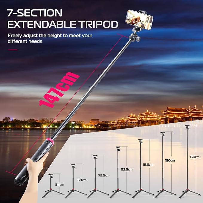ULANZI MT-44 Auto Open Phone Tripod, 59" Extendable Selfie Stick Vlog Stand | 2-in-1 Phone Clip, Cold Shoe, 360° Ball Head Camera Tripod for iPhone Sony DJI Osmo Pocket 4 Nano Luna, Portable for Travel - Image 4