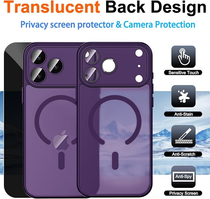for iPhone 17 Pro Case with Privacy Screen Protector, Purple | Full Camera Protection, Compatible with MagSafe, Magnetic Matte Shockproof Phone Cover for iPhone 17 Pro Women/Girls - Image 2