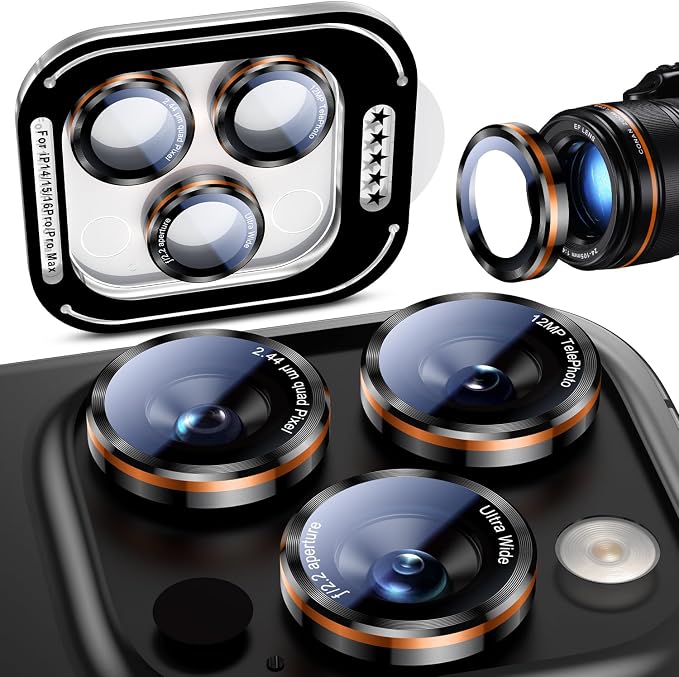 Uyiton for iPhone 17/16/15/14 (Pro Max & Pro) Camera Lens Protector | Unique Lines Text Design, Case-Friendly, Military-Grade Sapphire Glass Metal Camera Cover, Easy to Install, Black+Orange by Uyiton