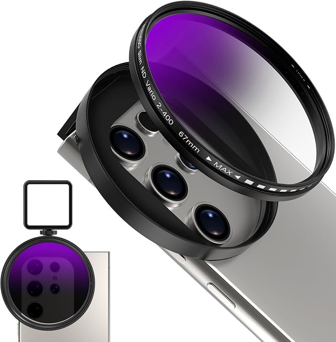 67mm Variable ND2-ND400 Filter for Phone, AR-Coated VND Lens with Metal Cold Shoe Clip, Adjustable Neutral Density Filter Compatible with iPhone 16 15 14 13 Pro Max Plus Samsung Galaxy Moto Google TCL by ALILUSSO