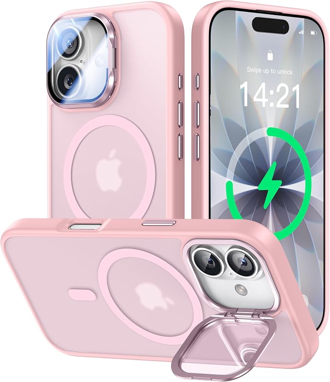 VOFATA [Upgraded Full Camera Protection] for iPhone 17 Case with Camera Cover Stand [Fit for MagSafe][10FT Mil-Grade Protection] Translucent Magnetic iPhone 17 Phone Case, Pink by VOFATA