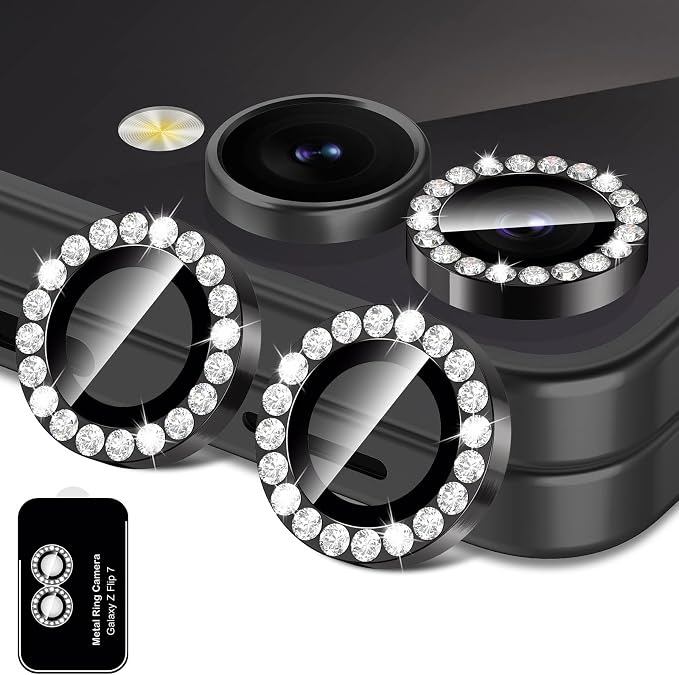 for Samsung Galaxy Z Flip 7 Camera Lens Protector, Individual Metal Ring Tempered Glass Lens Cover, [Strong Adsorption] Scratch Resistant Ultra-Thin HD Clear Lens Cover, 1 Set-Black Diamond by Btscase