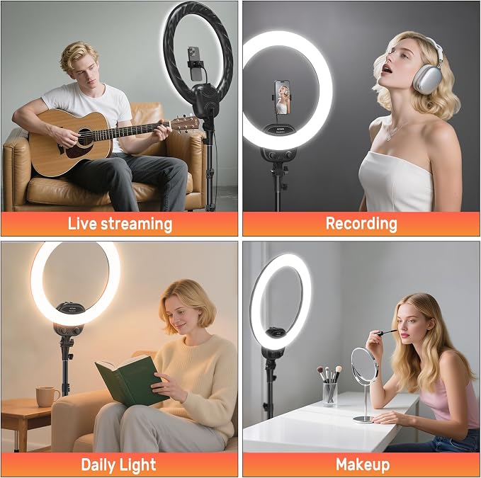 14'' Selfie Ring Light with 63'' Tripod Stand & Phone Holder, Dimmable LED Phone Ring Light for Video Recording/Live Streaming/Makeup/YouTube/TikTok, Circle Light with Remote for Phone&Camera - Image 4