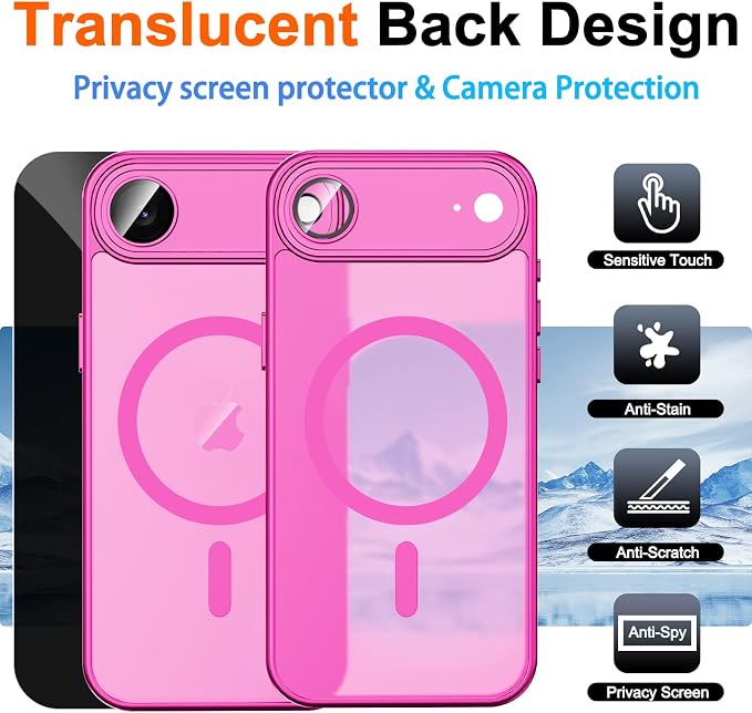for iPhone Air Case with Privacy Screen Protector, Hot Pink | Full Camera Protector, Magnetic, Compatible with MagSafe, Translucent Matte Shockproof Cover for iPhone 17 Air Women Girls - Image 2