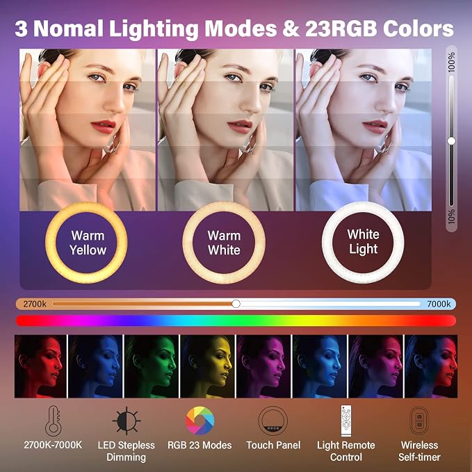 Yesker Ring Light with Tripod Stand and Phone Holder 18 Inch RGB Ringlight 25 RGB Modes Bi-Color Adjustable 2700–7000K LED Selfie Halo Light Kit for Live Stream Photography Zoom Makeup Youtobe Tiktok - Image 2