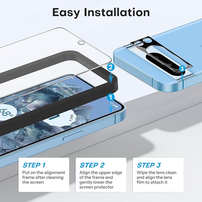 OMOTON 3+2 Pack for Pixel 8 Pro Screen Protector (6.7 Inch, 2023 Released) | 3 Pack for Pixel 8 Pro Tempered Glass, 3 Camera Lens Protector, Fingerprint Sensitivity, HD Clear - Image 4