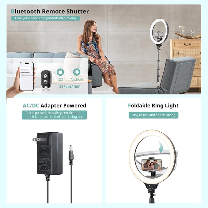 Aureday 14inch iPad Ring Light with Tripod Stand, 62inch Selfie Tripod Light Ring with Phone&Tablet Holder for Recording, 20W LED Circle Light with Wireless Remote for Tiktok, Makeup, Live Streaming - Image 6