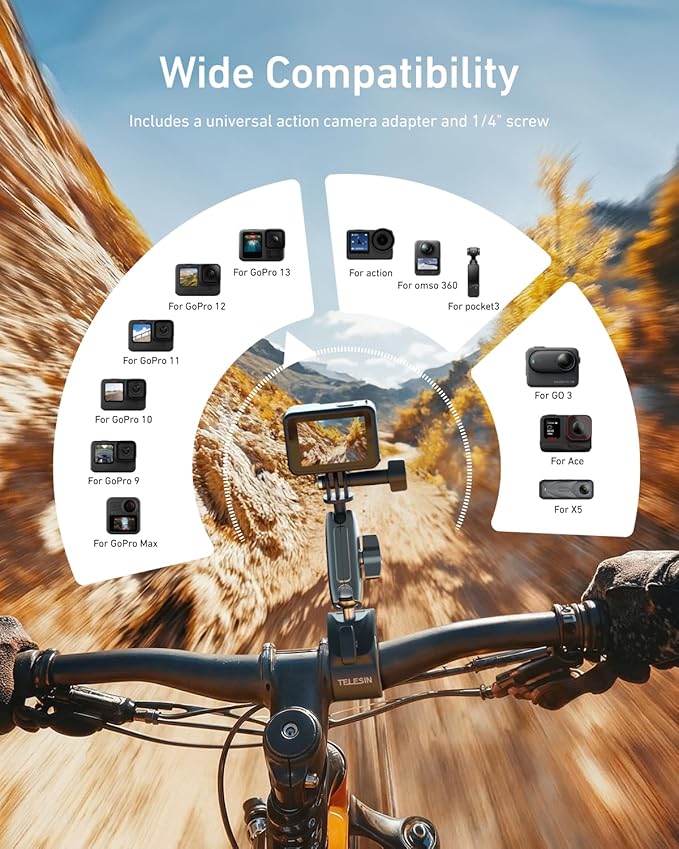 TELESIN Super Clamp Camera Mount with 360° Dual Ball Head, Bike/Bicycle/Motorcycle Handlebar Mount for GoPro Mission 1 PRO/DJI Osmo Pocket 4 3/ DJI Action 6 5 4/ Insta360 Luna Ultra/Xtra Muse Camera - Image 4