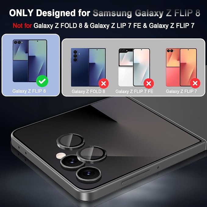 Meshine for Samsung Galaxy Z Flip 8 Camera Lens Protector,Scratch Proof,Strong Adsorption,9H Hardness with Metal Ring Camera Cover,Ultra Thin Case Friendly,Accessories Lens Protector,Black - Image 2
