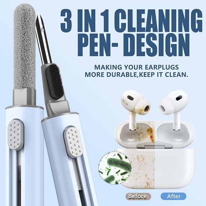 Inesore for AirPod Cleaning Kit, for Phone Earbuds Electronics (Blue) | Metal Tip, High-Density Soft Brush, Flocked Sponge Tip, 3 in 1 Design, Compact & Lightweight, Easy Operation, Easy to Carry - Image 2