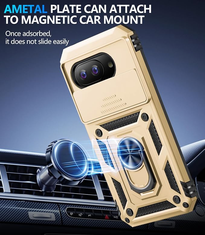 Taisairu for Google Pixel 9A Case with Screen Protector & Slide Camera Lens Cover, Built-in 360°Rotate Magnetic Ring Stand Shockproof Protective Phone Case for Google Pixel 9A Case (Gold) - Image 5