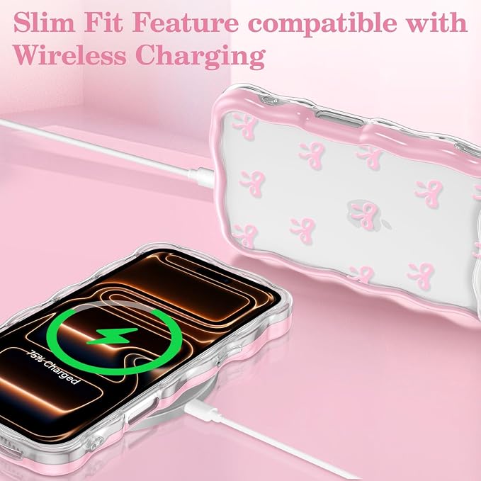 QLTYPRI for iPhone 17 Pro Pink Bow Case, Clear Cute Pink Ribbon Bow Phone Case Curly Wavy Aesthetic Phone Cover, Soft Slim Transparent TPU Shockproof Protective Cover for Women Girls - Tiny Bow - Image 5