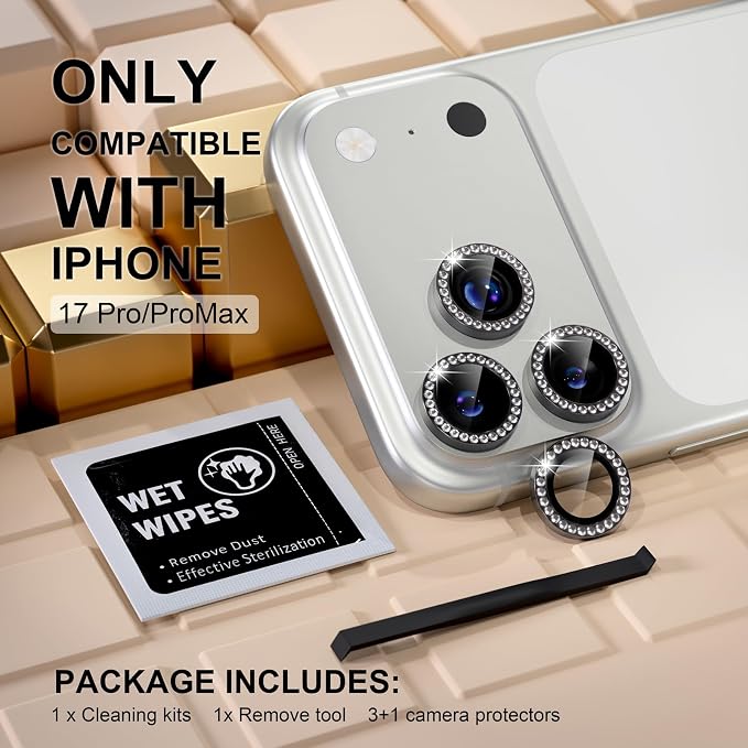 Misea Compatible for iPhone 17 Pro/iPhone 17 Pro Max Camera Lens Protector | 9H Tempered Glass Ultra HD Bling Camera Screen Protector Cover Metal Individual Ring Decoration Accessories, Black Diamond - Image 2