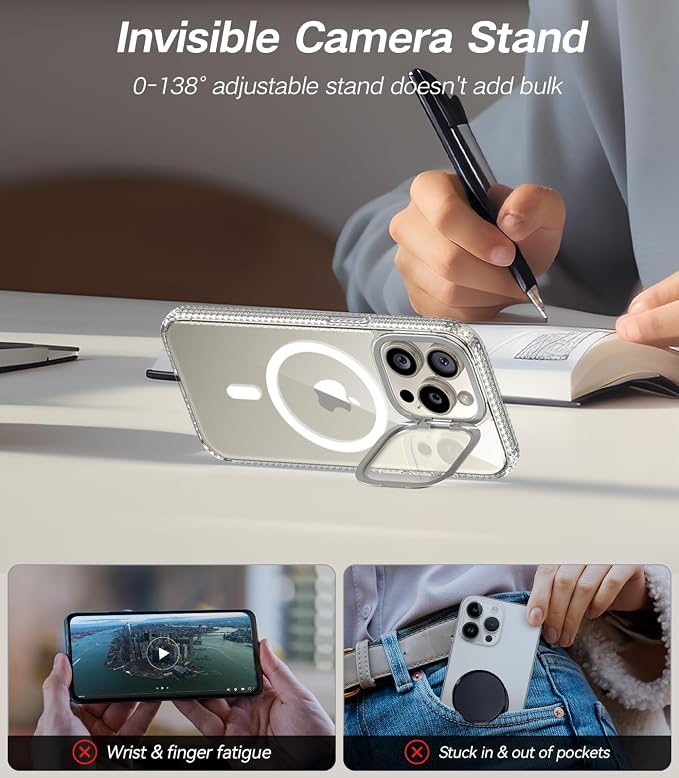 VOFATA [Upgraded] for iPhone 15 Pro Max Case with Camera Cover Stand [Fit for MagSafe][9H Camera Lens Protector] Mil-Grade Protection Transparent Magnetic iPhone 15 Pro Max Phone Case, Clear - Image 3