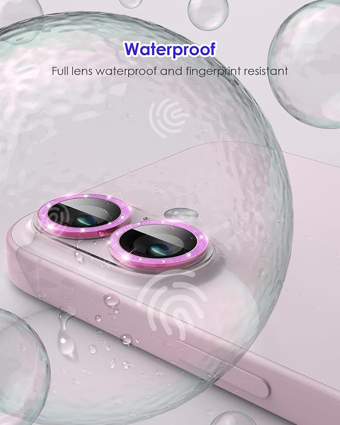 Compatible for iPhone 17 /iPhone 16 /iPhone 16 Plus Camera Lens Protector Glitter, Clear Acrylic Plus Aluminium Alloy Ring 9H Tempered Glass Screen Camera Cover Glitter Pink+Pink - Image 7