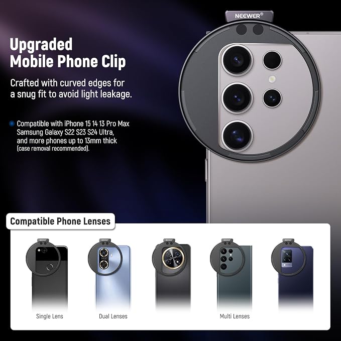 NEEWER 67mm Clip On Variable ND2-ND32 Phone Lens Filter Kit, Phone Clip with Magnetic Adapter Ring/Cold Shoe/Locking Knob, HD Magnetic ND Filter for iPhone 15 Pro Max 14 13 Galaxy S22 S23 S24 Ultra - Image 4