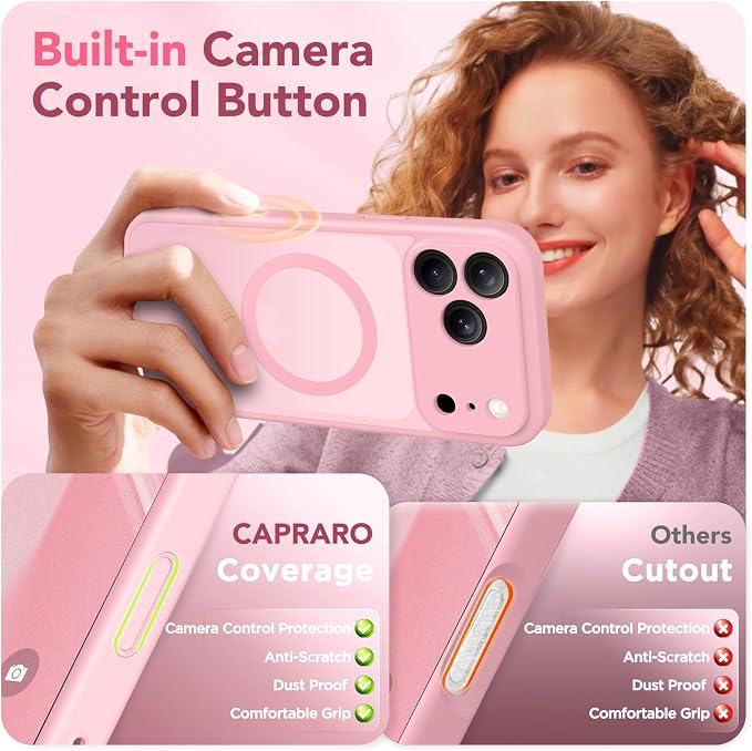 CAPRARO for iPhone 17 Pro Case, Compatible with MagSafe | Upgraded [Full Camera Protection] Protective Translucent Matte Women Girl Magnetic Phone Case Cover, Peach Pink - Image 5